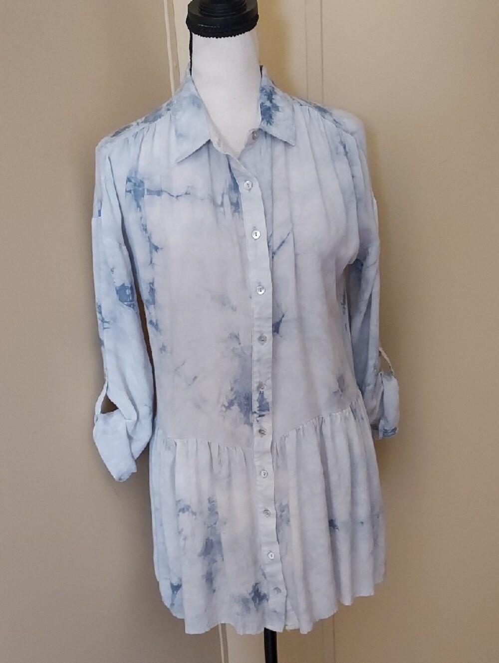 Lovestitch Pale Blue Button-Front Top With Roll-Tab Sleeves